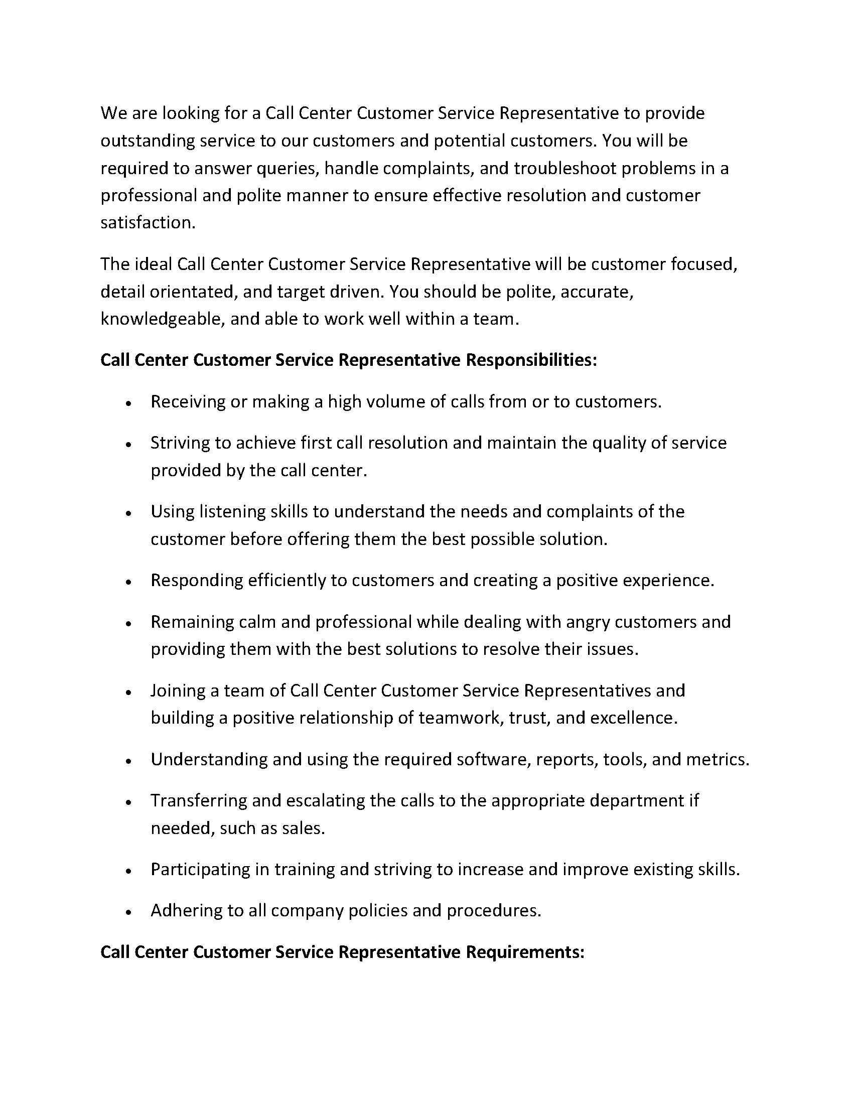 Call Center Customer Service Representative